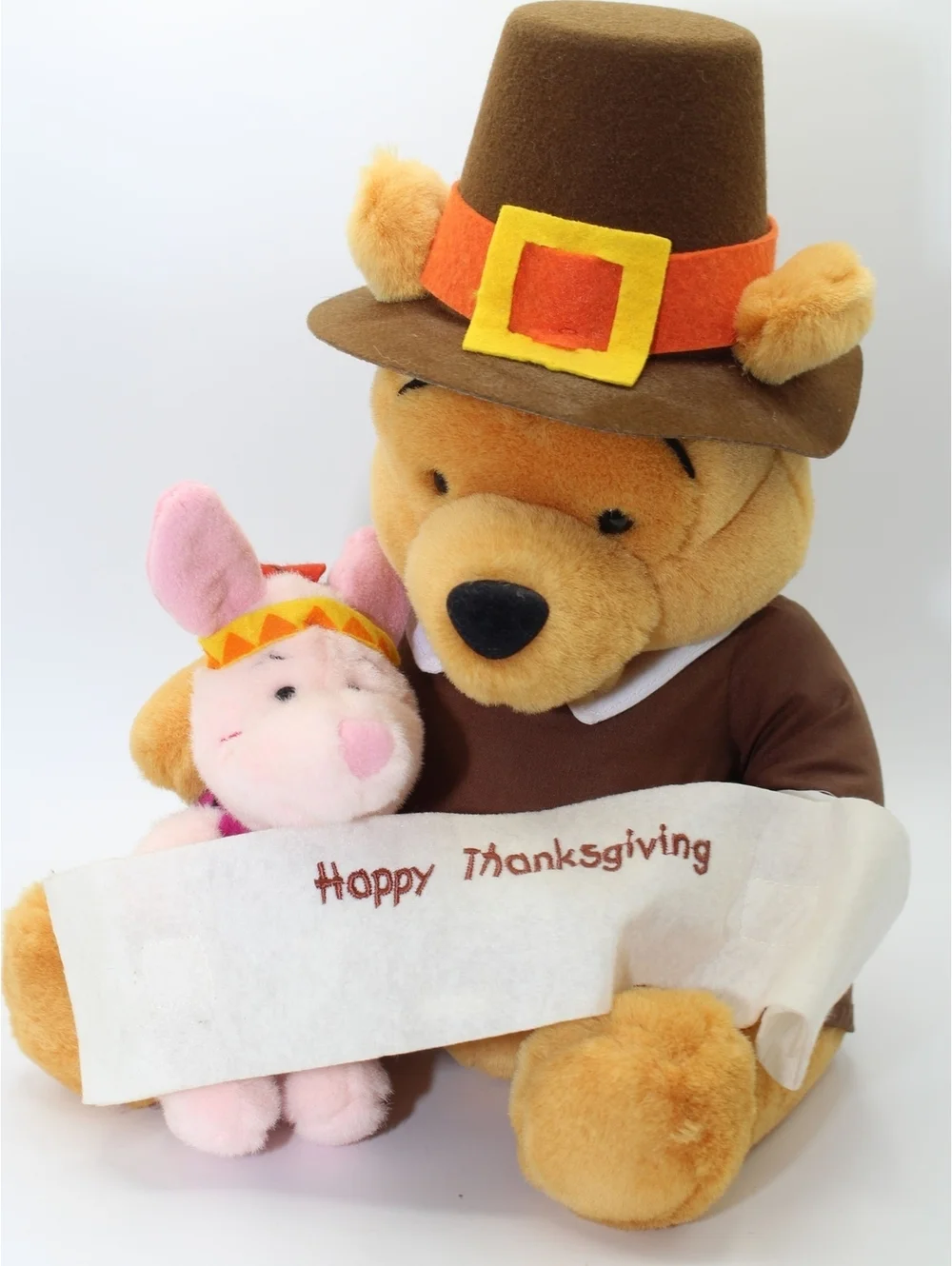 VTG Disney Winnie the Pooh Pilgrim & Piglet Indian Happy Thanksgiving Plush Doll